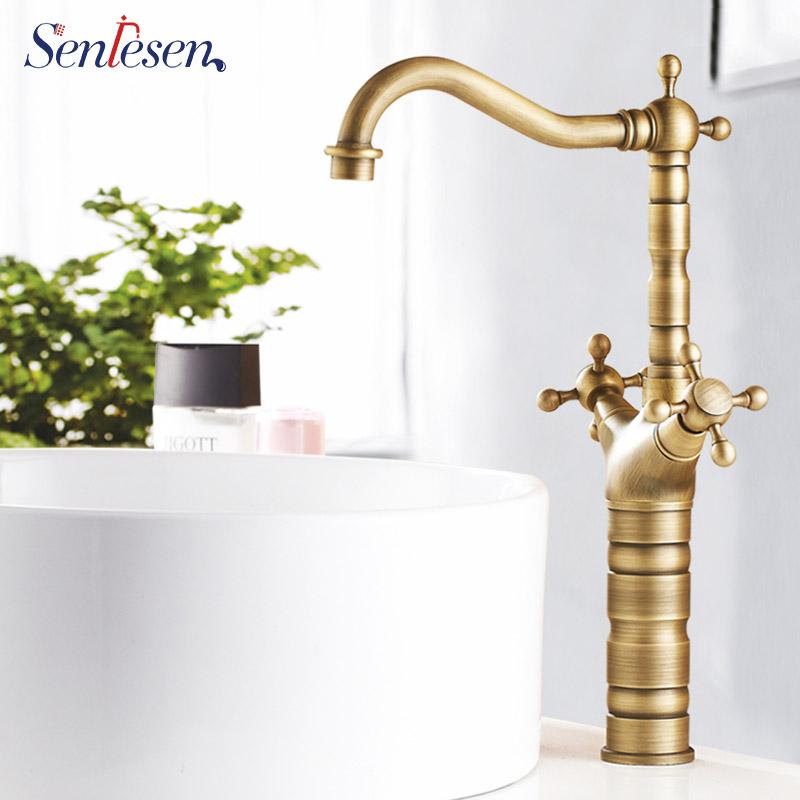 

Antique Brass Bathoom Kitchen Faucet Swivel Spout Dual Cross Handles Lavatory Sink Mixer Taps Deck Mounted Hot and Cold Tap