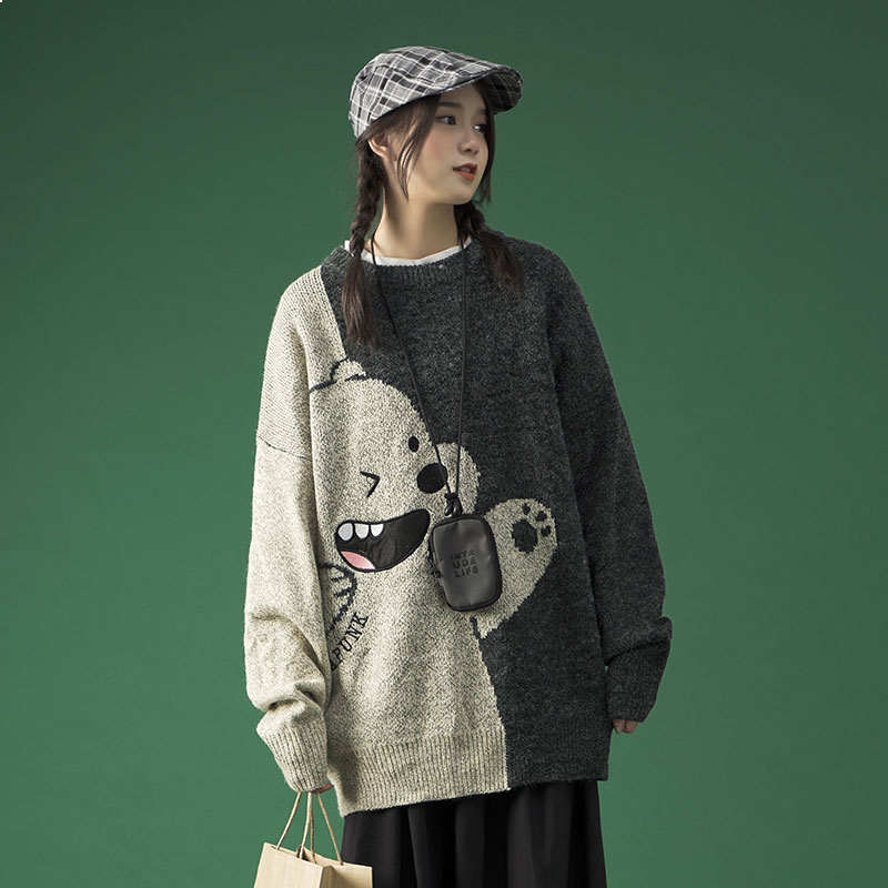 

2021 New Hot Winter Autumn Harajuku Sweaters for Women Vintage Fashion Personality Cartoon Bear Knitted-out Sweater 06sq, B53 blue
