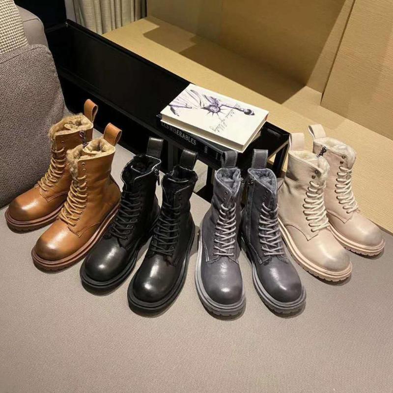 

Vallu 2020 winter new leather retro real fur lace-up mid-heel non-slip outsole fashionable and comfortable leg-cut boots, Beige