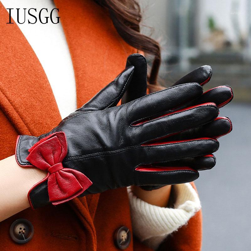

Gloves Women Guantes Sheepskin Leather Bow Style Velvet Lining Thick Warm Winter Mittens Touch Screen Windproof Outdoor Riding G1