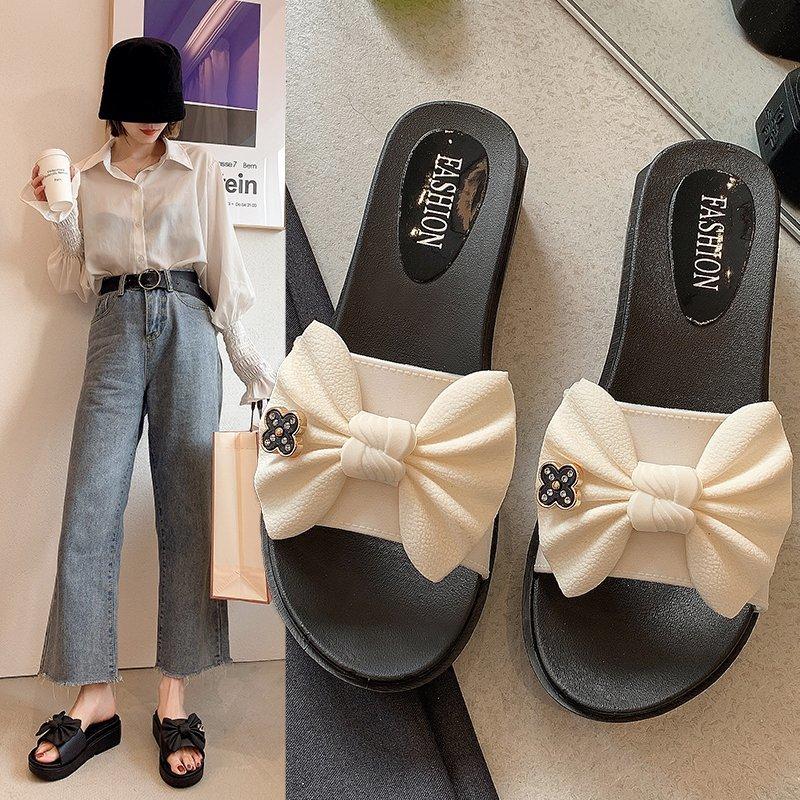 

2021 New Slippers Female Summer Bow Summer Sandals Slippers Outdoor Flip Flops Beach Shoes Women's Fashion Casual Shoes, Beige