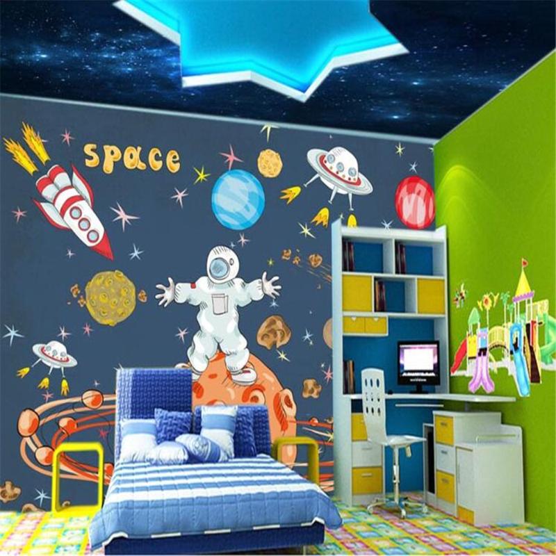 

Milofi custom children's room theme space moon astronaut cartoon background wall art living room bedroom background wall paper, Silk cloth