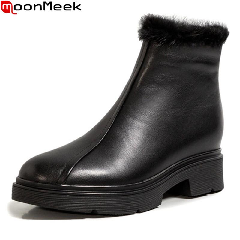 

MoonMeek 2021 Genuine leather boots winter keep warm snow boots med heels round toe black color ankle for woman, Black flock