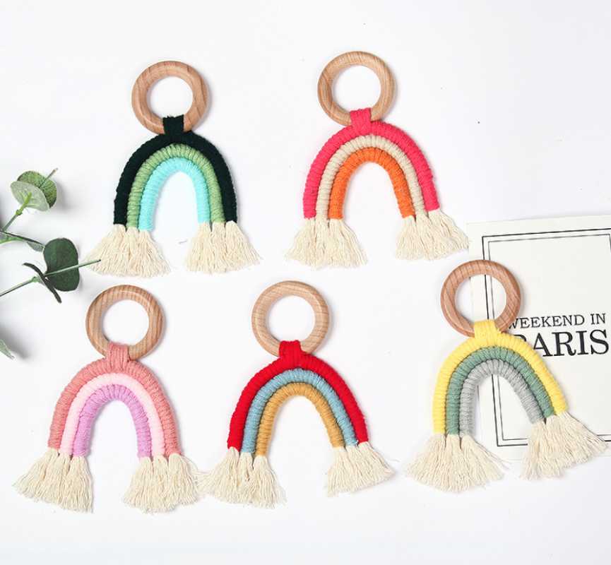

Accessories Newborn Baby Rainbow Teether Crochet Wood Ring Baby Teething Toy Natural Cotton Teething Toy Gender Neutral