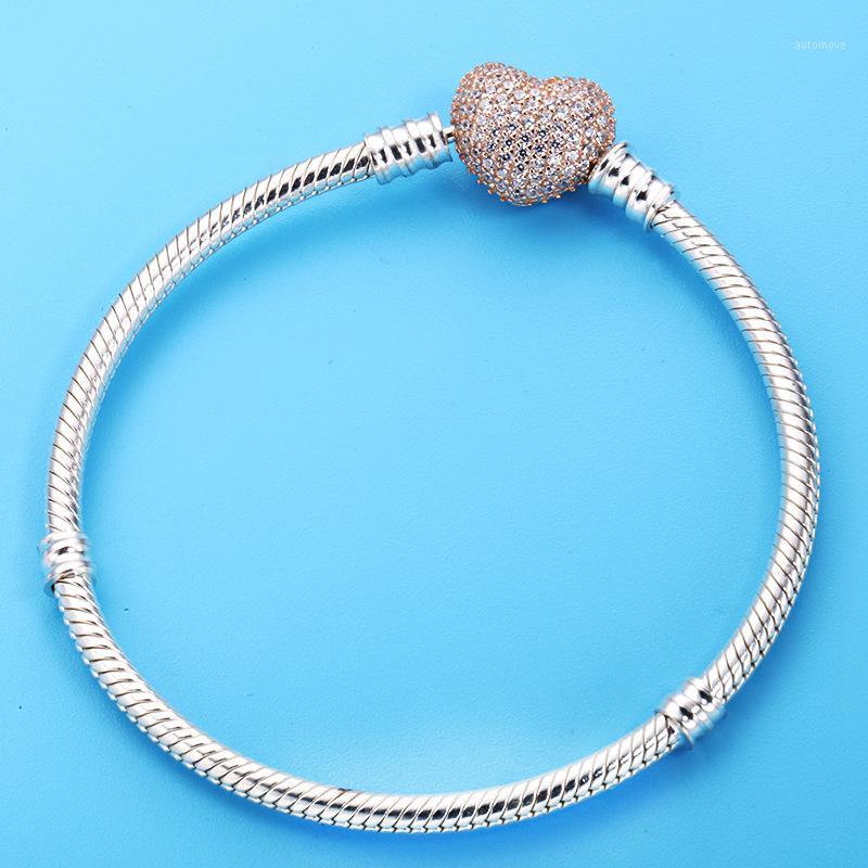 

925 Sterling Silver Bracelet Rose Gold Moments Pave Heart Clasp With Crystal Bangle Fit Women Bead Charm DIY Jewelry1