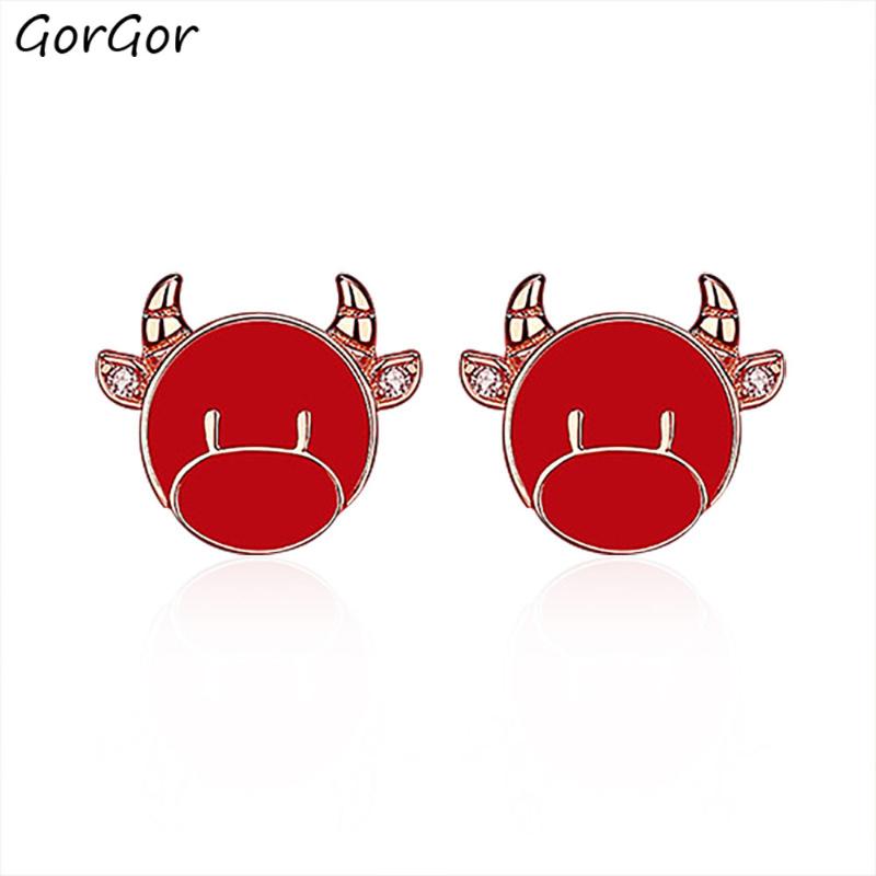 

Stud GorGor Earrings Women Originality Statement Minimalist Red Zodiac Ox Chinese Style Creative Birthday Gift DZ040582