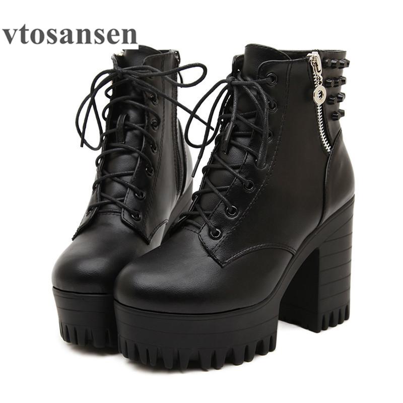 

Shoes New brand 2020 spring autumn women boots platform high-heeled thick heel lacing casual shoes with zipper ankle boots, Black