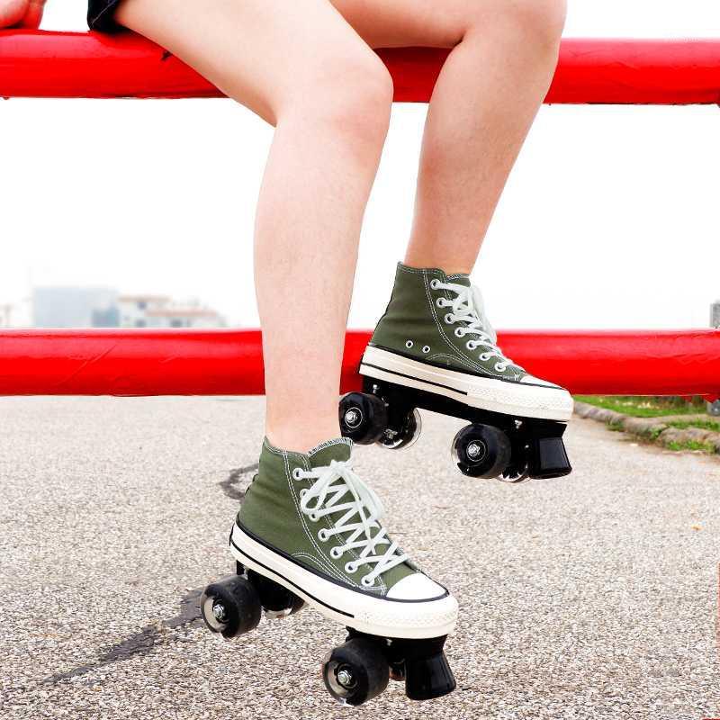 

Canvas Roller Skates Double Row Wheel Four-Wheel Skates Men and Women Flash Luminous1, Green