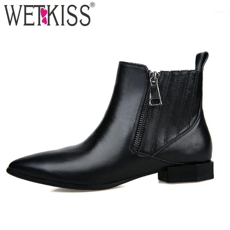 

WETKISS Thick Boots Autumn Women Ankle Boots Fashion Strange Style Shoes Ladies Genuine Leather Short Plush Pointed Toe Footwear1, Black