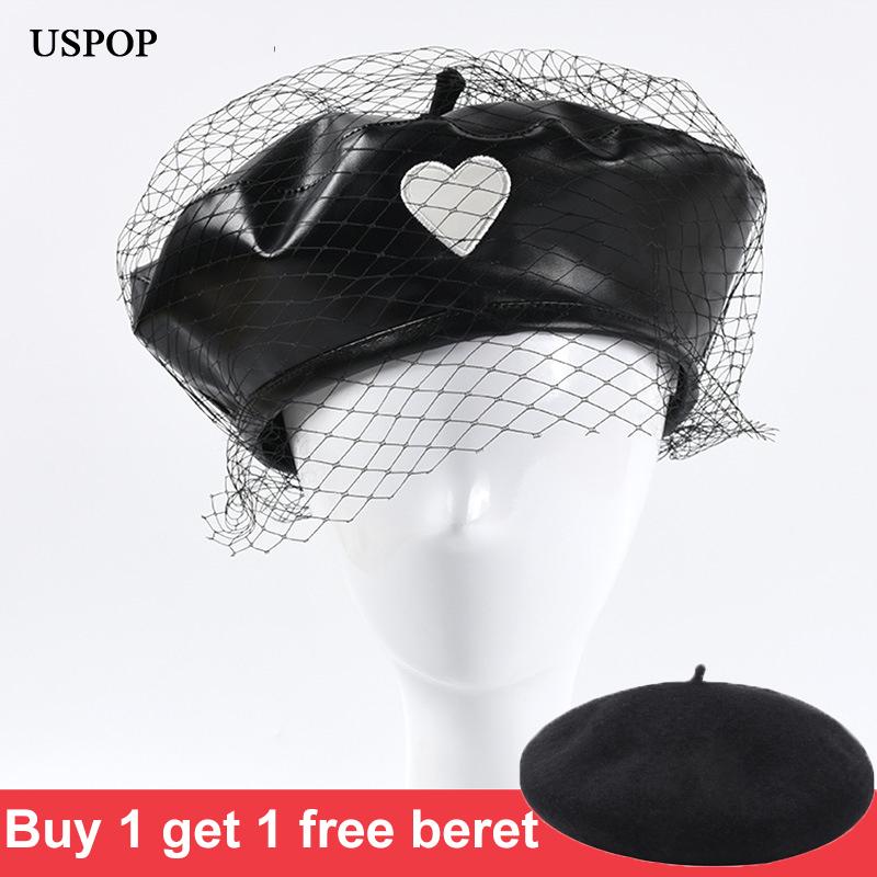 

USPOP 2020 Women beret winter hat vintage mesh PU heart embroidery berets, Black