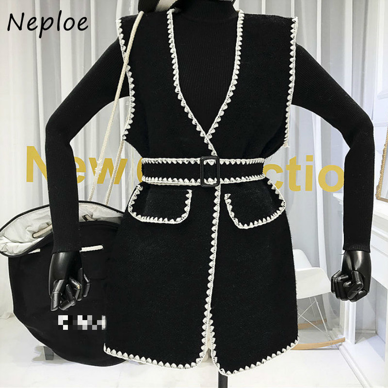 Neploe Elegant Suit Chic Sashes Panelled Patchwork Vest + Solid Color Slim Fit Sweaters Women Autumn New 2 Piece Set 201120Z