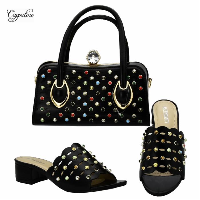 

Beautiful black lady medium heel slipper shoes and handbag set for party 111-1 heel height 4.5cm, As pic