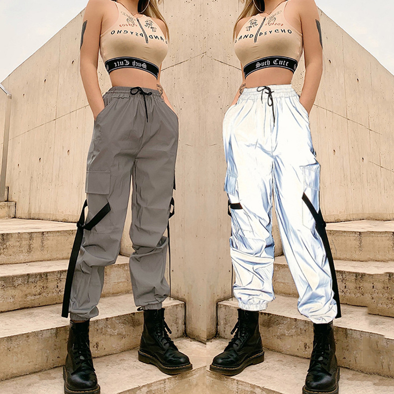 

2021 New Reflective Jogger High-waisted Female Cord Sportwear Pants Plus Size Loose Streetwear Posts CQJQ, White