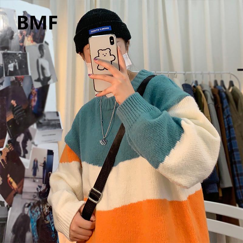 

Winter Korean Fashion Round Neck Contrast Sweater Kpop Couple Clothes Hip Hop Pullover Women Streetwear Color Block Top, Blue