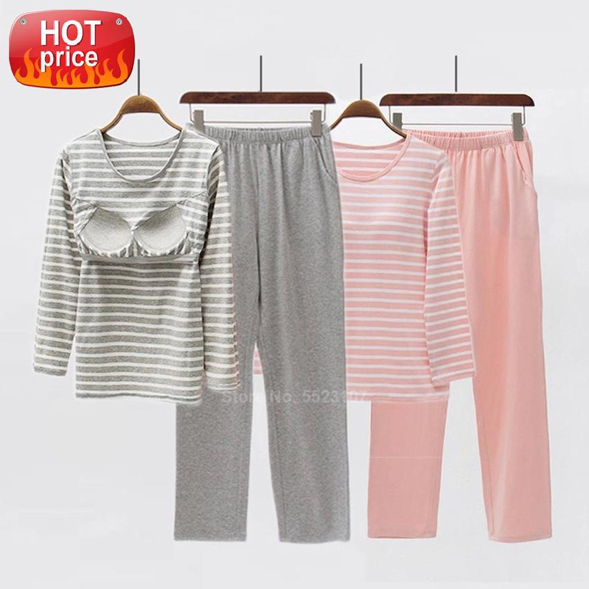 

Autumn Winter Full Sleeve Women's Pajamas Set American Modal Casual Striped Sleepwear with Chest Pads 2PCs Loungewear Set #Yj0g, Black;white