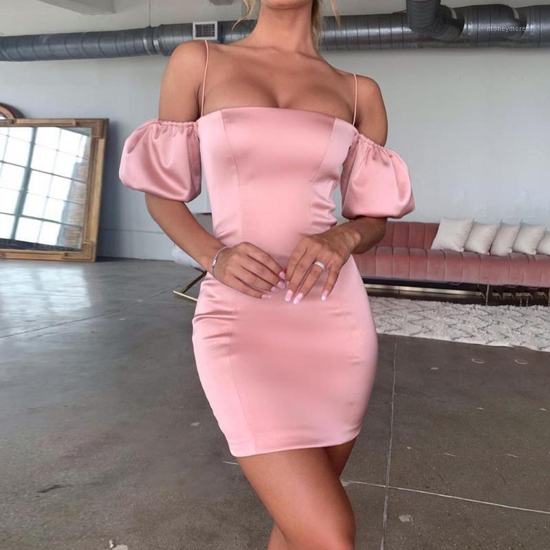 

2020 Short Puff Sleeve Lash Neck Sexy Satin Mini Dress Summer Women Party Pure Elegant Dress1, As shown