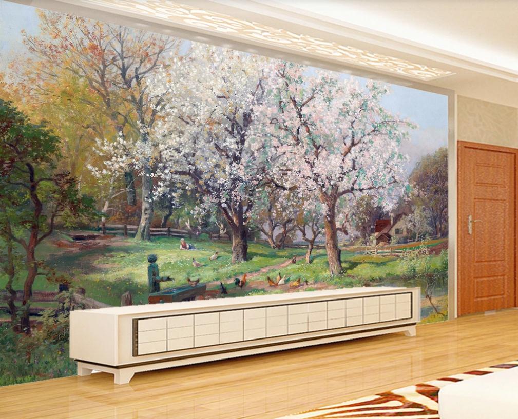 

beautiful scenery wallpapers European landscape oil painting peach blossom wallpapers TV background wall, Pink