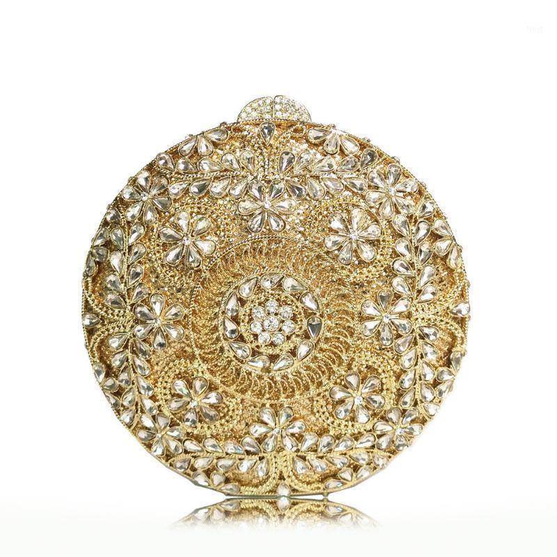

Bee In Sparkling Bling Circular Hollow Flower Clutch Women's Small Crystal Evening Handbags Wedding Party Cocktail Bag1, Gold