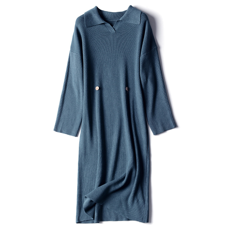 

2021 New Autumn Winter Thick Straight Turndown Collar Knit Women Long Female Chic Sweater Elegant Dress Xnsz, Apricot