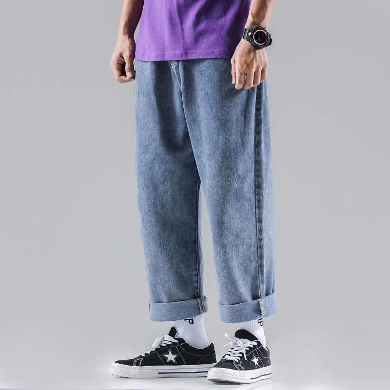 

Japanese Style Men Jeans Loose Fit Blue Vintage Jeans Casual Denim Pants Homme Korean Hip Hop Wide Leg Long Trousers, Blue jeans