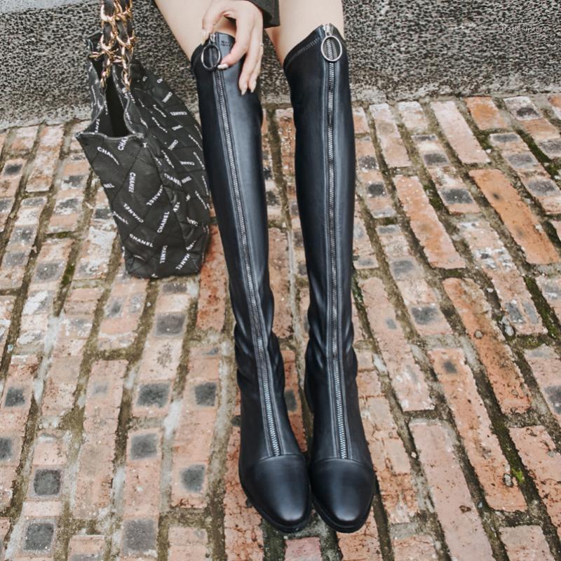 

Meotina Winter Over The Knee Boots Women Natural Genuine Leather Block Heel Thigh High Boots Sexy Slim Stretch Zipper Shoes Lady1, Black