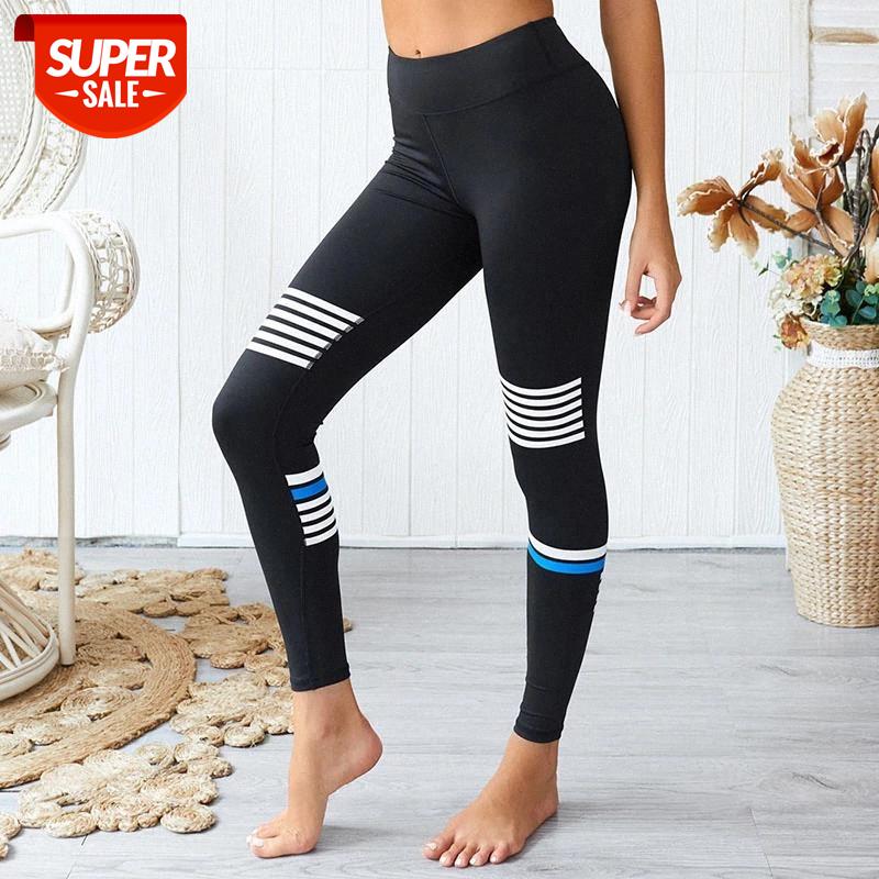 

NORMOV Fitness Women Leggings Stripe Color Patchwork High ElasticWaist Ankle Length Leggings Workout Black Push Up Leggins #rV1q, Black;white