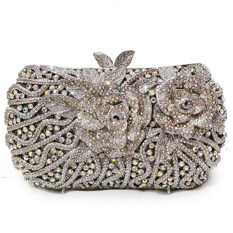 

AB Gemstone Crystal Evening Clutch Luxury High End Silver Clutches Bags Wedding Bridal Shoulder Handbags Ladies Mini Phone Case