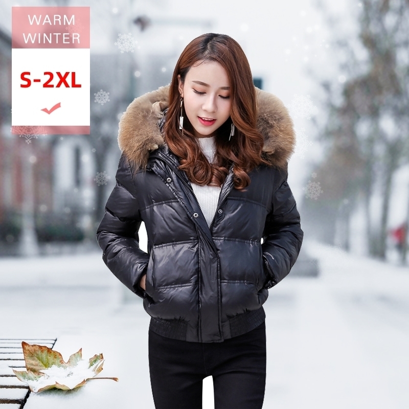 

Women Real Fur Collar White Duck Down Jacket Female Winter Thick Short Korean Puffer Coat Warm Windproof Portable Outwear Hooded 201128, Kahaki