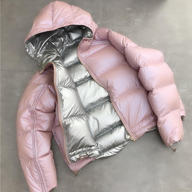 

Winter Jacket White Duck Down Parkas Women Gold Silver Double Side Coat Big Aritificial Fur Hooded Female Down Oversize, Black