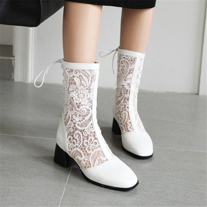 

PXELENA Plus Size 34-43 Women Summer Lace Ankle Boots Gladiator Sandals Chunky Block High Heels Breathable Spring Shoes 2020 New, Black