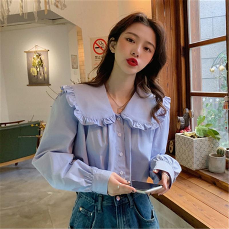 

Women's Blouses & Shirts Women Solid Ruffles Sweet Girls Fall Fashion Casual Vintage Korean Style Single-breasted Simple All-match ZY6375, White