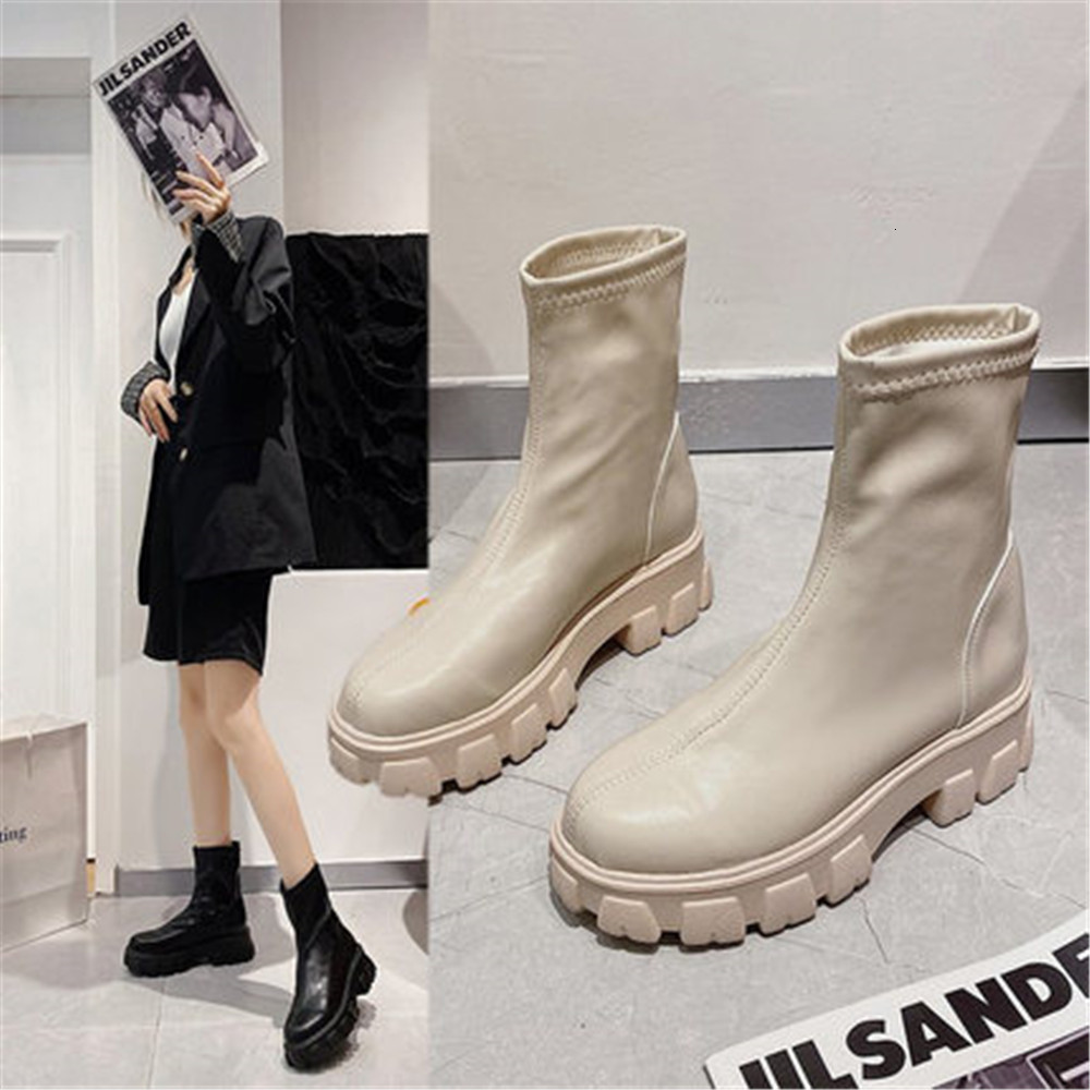 

Beige-on 2021 New Black Slippage Elastic Opening Short Toe Round the Women's Boots Thick Shoes X8P8