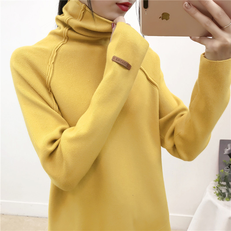 

2021 New High Quality Turtleneck Women Autumn Winter Thick Pullover Solid Knitted Female Oversized Pile Collar Sweater Fbrw, Yellow