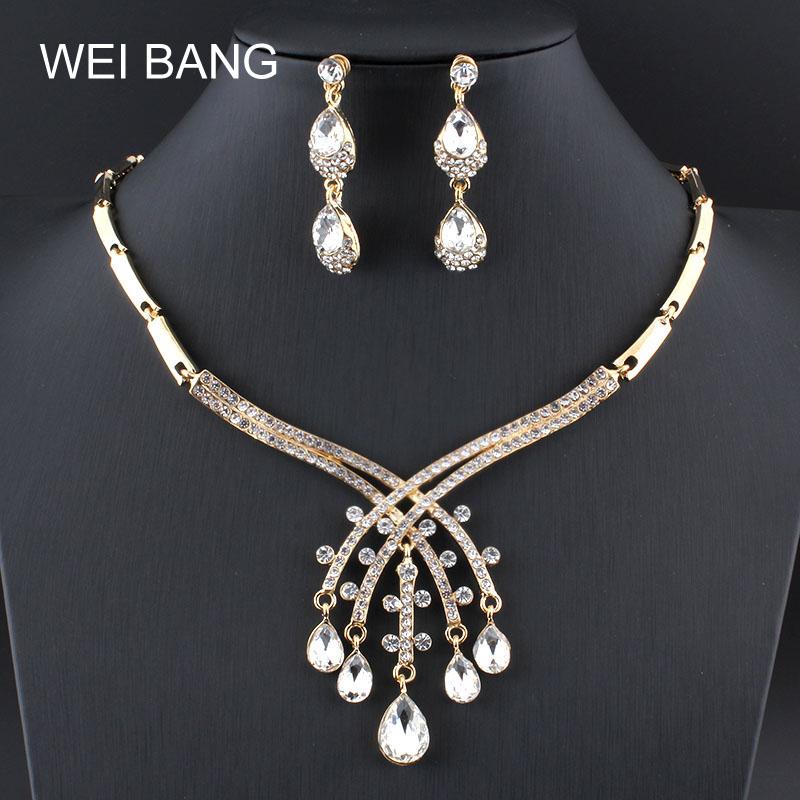 

New Classic Bridal Jewelry Sets Gold color Earrings Necklace Set Rhinestone Jewelry For Wedding Dress Shipping 2020, As pic