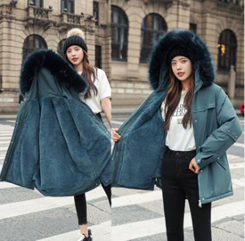 

Wholesale winter women's mid-length new style pie overcoming loose plus velvet thickening big fur collar down padded jacket tooling jacket, Grey blue