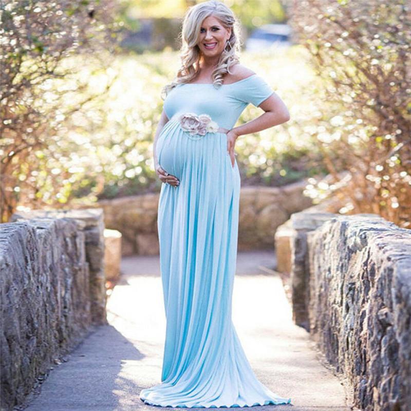 

Womens Maternity Lace Dress Off Shoulder Short Sleeve Pregnant Photography Props Maxi Gown Without The Belt YH-17, Green
