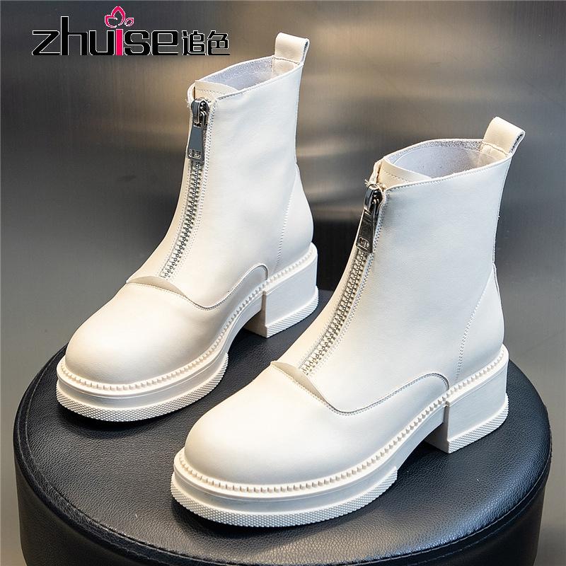 

Boots autumn and winter British style boots women wild women's shoes front zipper leather women's short, Black