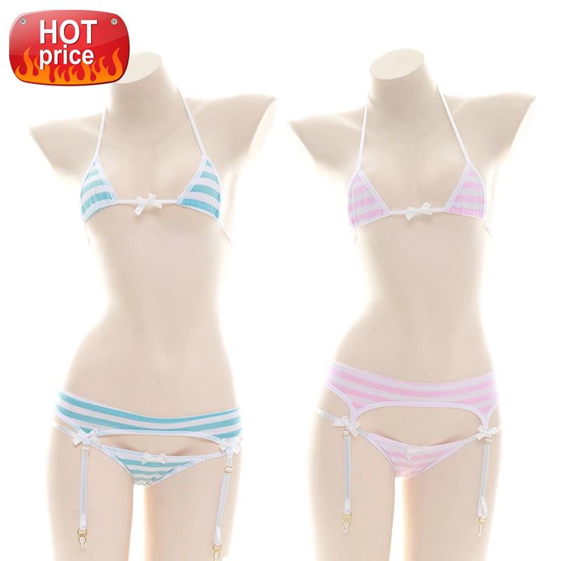 

Micro Bikini Extreme Mini Bra and Panty Garter Set Underwear Women Sheer Cute Sexy Lingerie Blue Pink Striped Schoolgirl Uniform #243I, Black;white