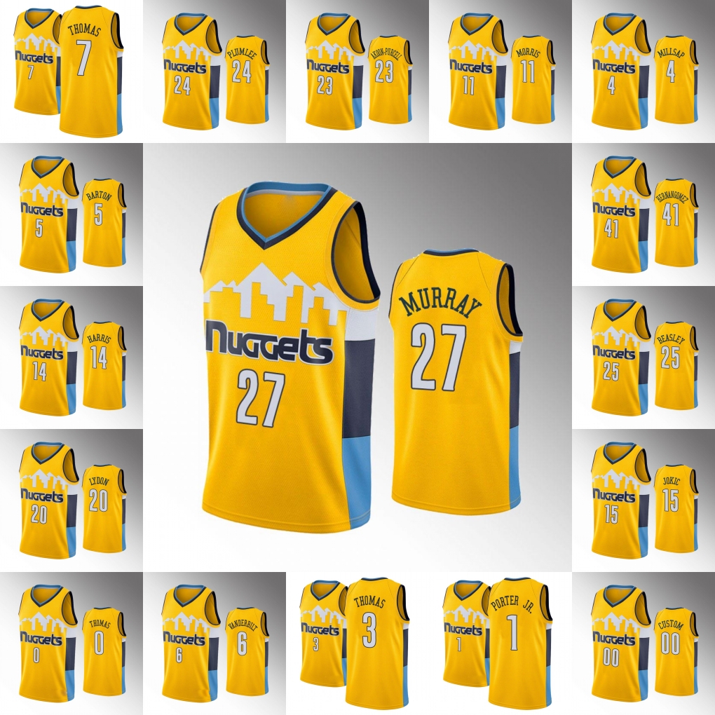 

Men Denver Nuggets Nikola Jokic Jamal Murray Will Barton Paul Millsap Gary Harris Gold Custom Statement Jersey, Black