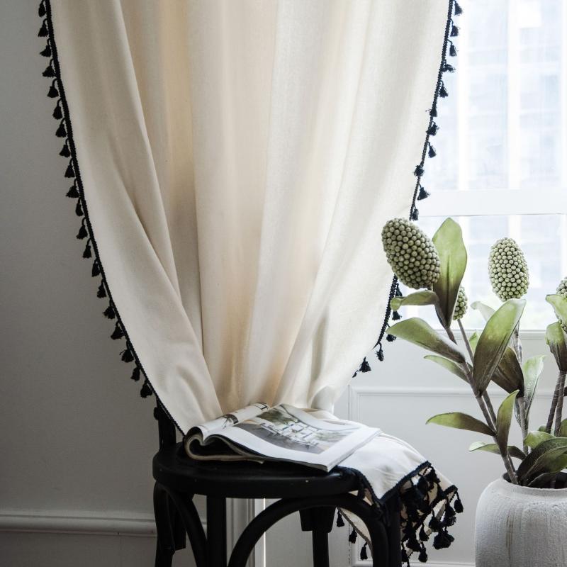 

Cotton and Linen Curtains Finished Pure Color Black Tassel Semi-shading Simple Cafe Living Room Bedroom Decorative Curtains, Punch