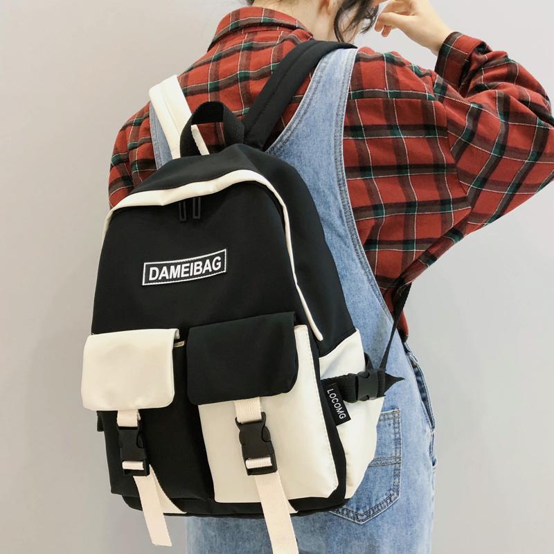 

New Panelled Waterproof nylon Women backpack Female eye-splice schoolbag for Teenage girls Double front pocket Mochilas, Black