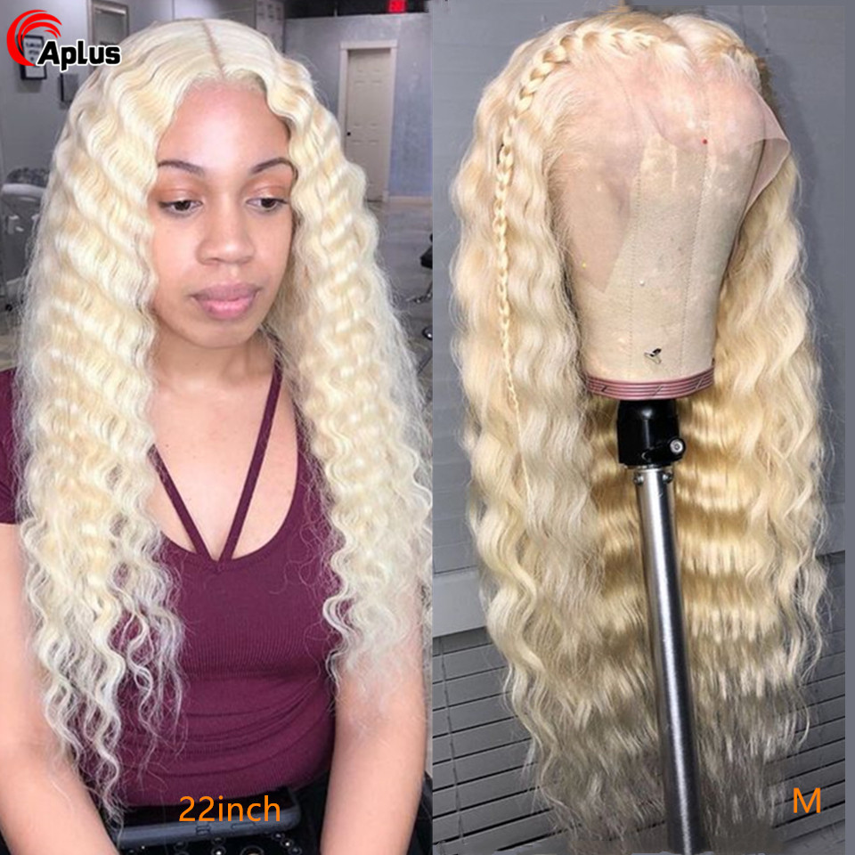 

Aplus 613 Deep Wave Wig 4x4 613 Transparent Lace Closure Wig 13x4Blonde Lace Front Blonde Deep Wave Human Hair For Women, As pic
