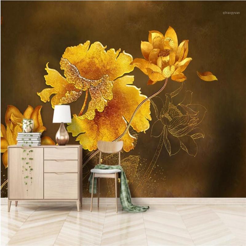 

Flowers Blooming Rich Golden Lotus Mural Wallpaper Luxury Hotel Living Room Bedroom Background Decor Wall Painting Wall Paper 3D1, Canvas
