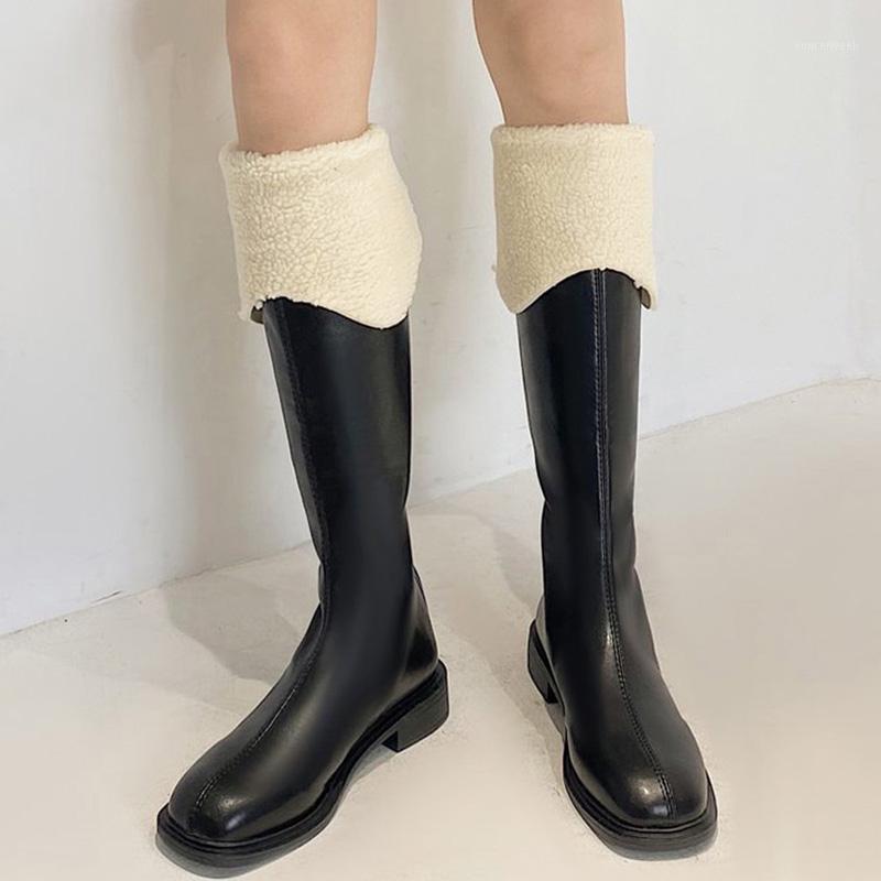 

Rimocy Soft Short Plush Winter Knee High Boots Women Fashion Square Toe Low Heel Riding Boots Woman Waterproof Pu Leather Shoes1, Milk color
