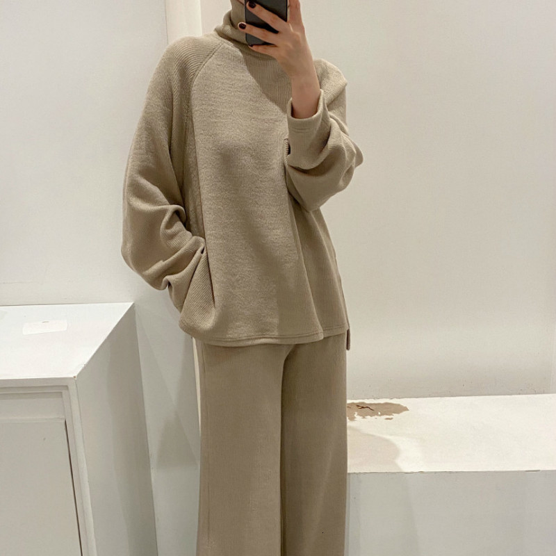 

2021 New Fancy-style Women's Blouses 2 Piece Collar Solid Knitting Pit Pullover Sweater Elastic Waist Loose Leg QU30, Khaki.