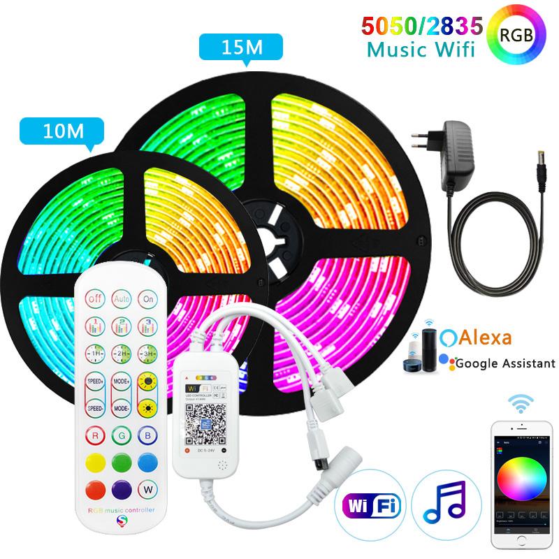 

30m RGB LED Strip Light 5m 10m No Waterproof Leds Tape Diode Ribbon 2835 LED Lights Lamp Controller AC 220V DC 12V Adapter