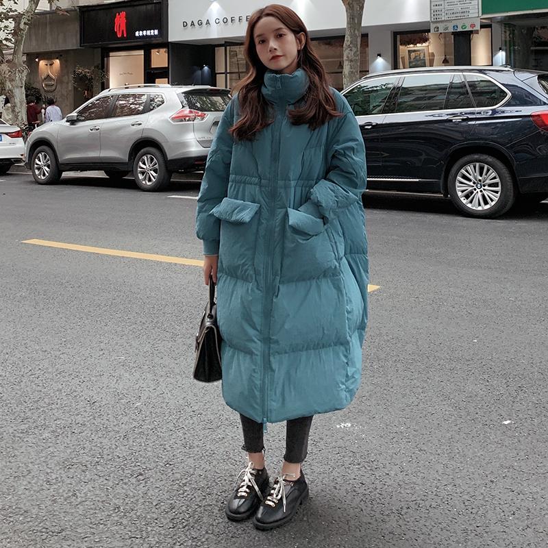 

Women' Jacket 2021 Winter New Style Peacock Blue Solid Color Korean Plus Long Loose Thick Fashion Warm Padded Female Coat KQ1