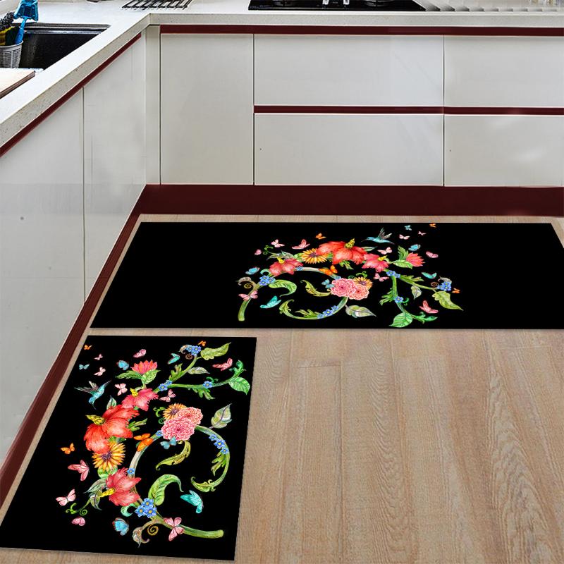 

Kitchen Mat Anti-slip Vine Pattern With Black Background Printed Carpet Doormat Hallway Bath Mat Living Room, As pic