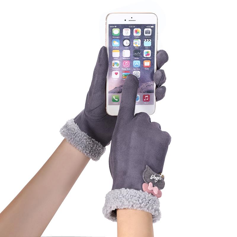 

Winter Female Plush Wrist Warm Cashmere Sport Cycling Mittens Women Bear Rhinestone Suede Leather Touch Screen Driving Glove 82B