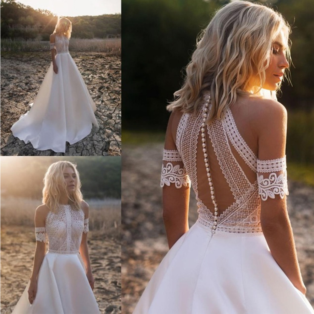 

Wedding Dresses A-line Bohemian Boho Lace 2020 Lace Top Beauty Back Pearls Vestidos De Novia High Quality Bridal Gowns, White